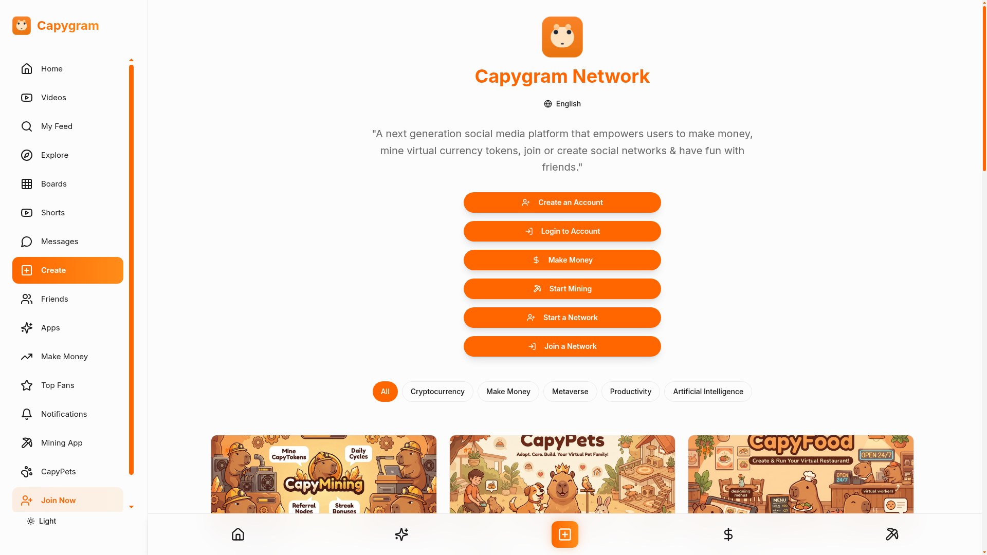 Screenshot of the Capygram.com social network homepage