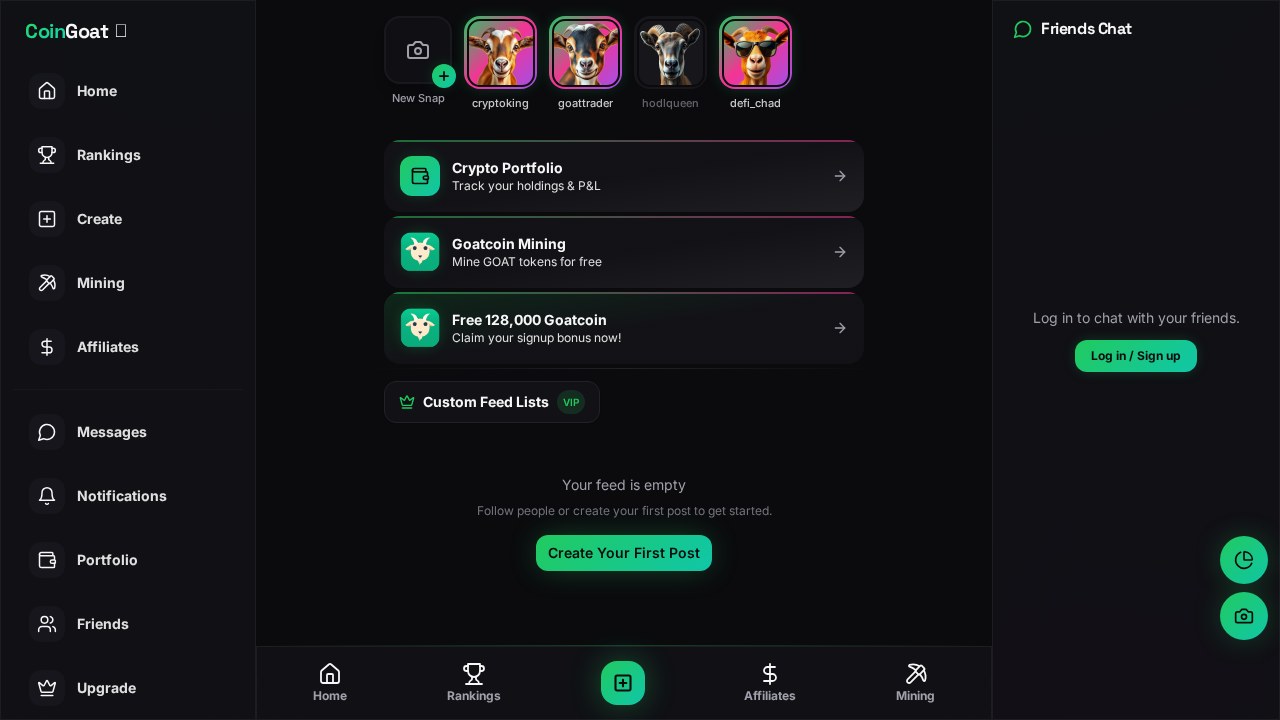 Screenshot of the CoinGoat.com portfolio tracking, rankings and social feed app