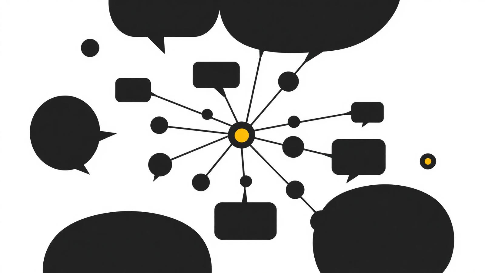 Minimal editorial illustration of a social graph of black nodes and speech bubbles around a yellow centre