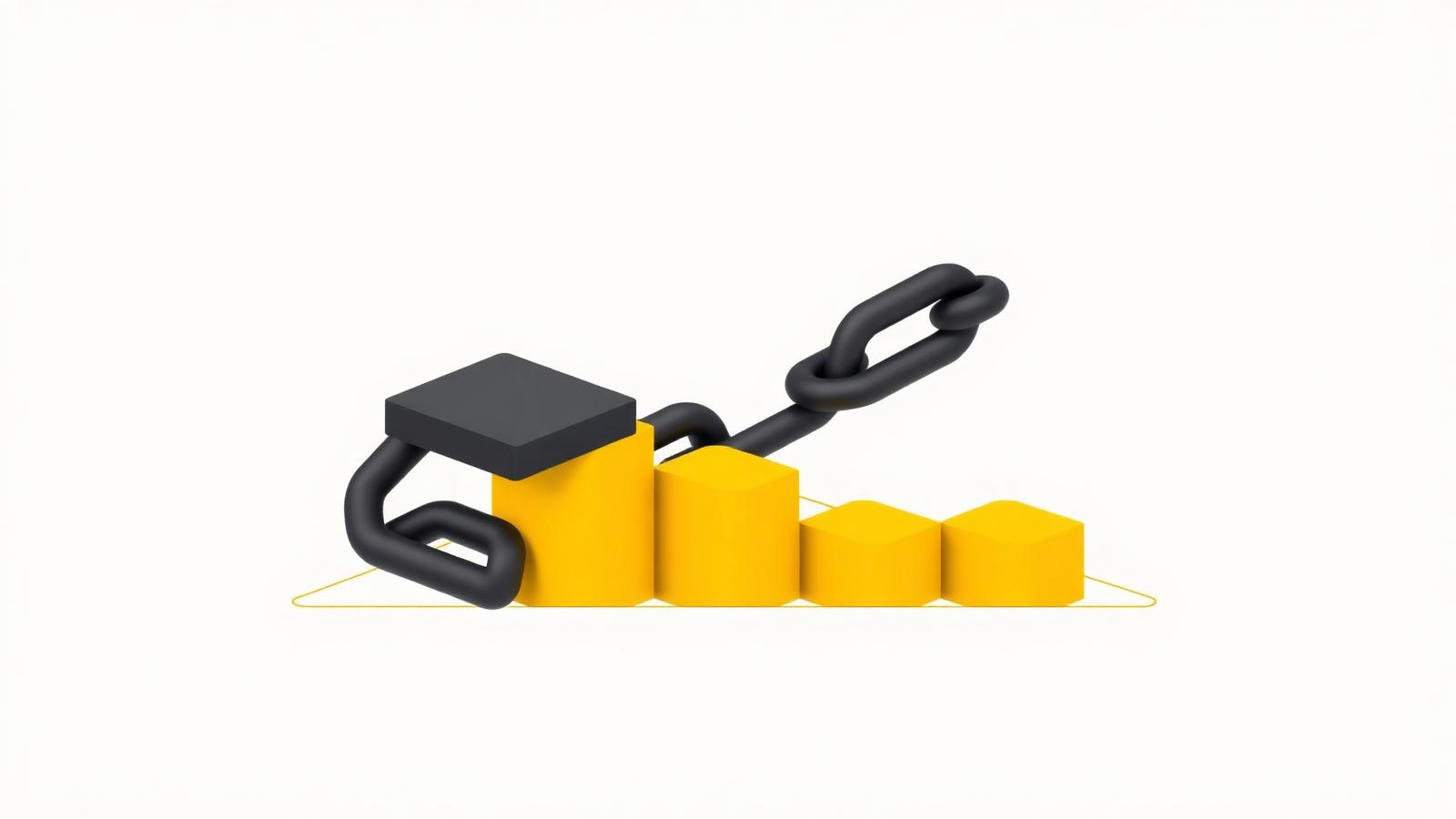 Minimal editorial illustration of layered chain blocks arranged as a ranked bar chart in yellow and black