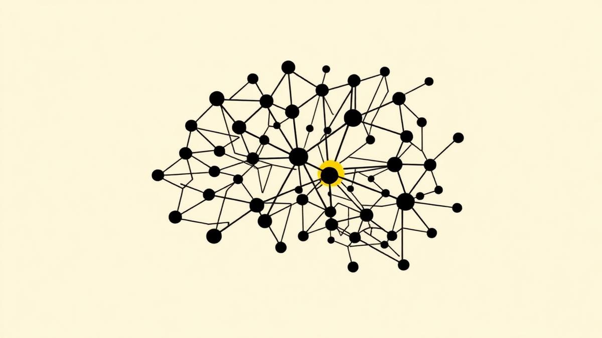 Black neural network mesh with one yellow node representing Bittensor subnets