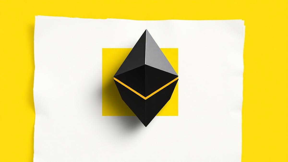 Black faceted Ethereum diamond on a yellow editorial background