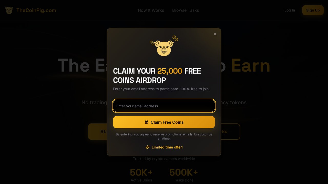 Screenshot of TheCoinPig.com crypto micro-tasks and jobs homepage